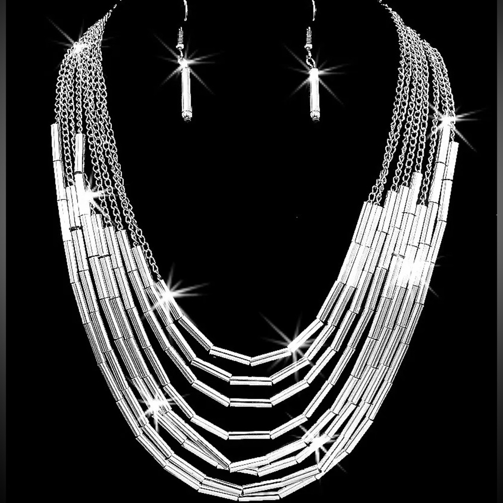 Multi Chain Diamond Cut Statement Necklace Earrin… - image 1